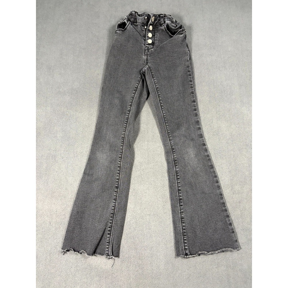 Hippie Girl Flare Jeans 8 Gray Denim Cotton Stretch Elastic Waist Frayed Hem‎